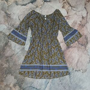 Gilli Olive Paisley Dress with Blue Accents